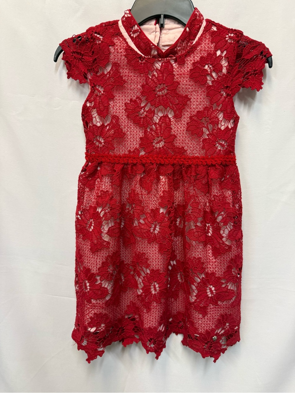 Girls' Red Floral Lace Party Dress